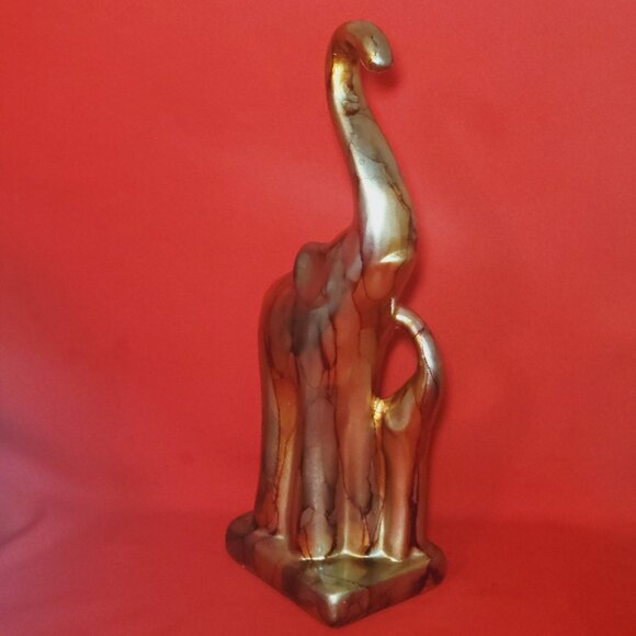 Gold Glazed Elephant Mom Baby Figurine Sculpture Long Legs Free Standing Statue - Picture 9 of 13